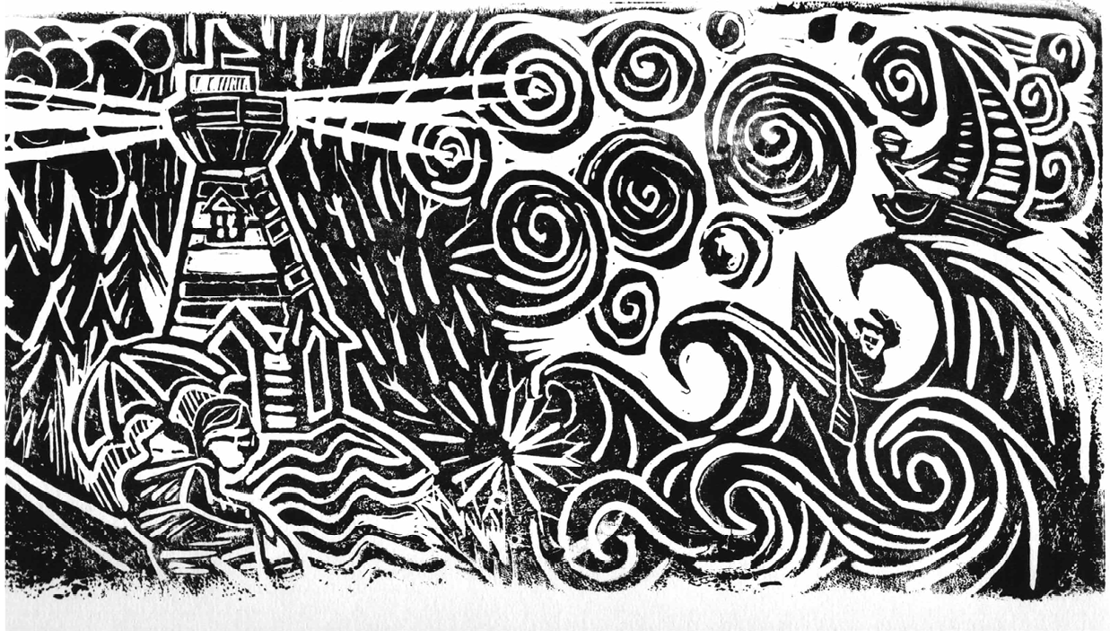 Monochromatic lino print depicting three persons, two sailing boats in waves and one carrying a child on their back under an umbrella, with a lighthouse sending beams of light in the background.