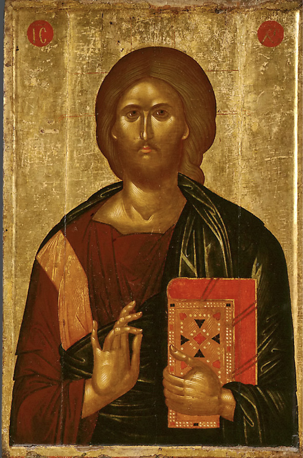 A gold-tinted, coloured image of a man with long chestnut hair and a matching, but shorter, beard. He looks toward the viewer, holding a book in one hand and his other hand in front of his body with his ring finger and thumb touching at the fingertips. He wears a red robe, trimmed in gold, and a dark-coloured, cloak-like shawl.