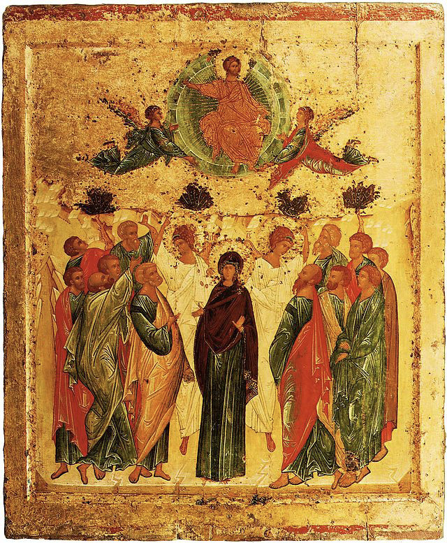 An image of a group of people basking in the light of the ascension of Christ. The Virgin Mary stands in the centre, directly below the figure of Christ as He is carried away by angels, she is flanked by two angels dressed in white.