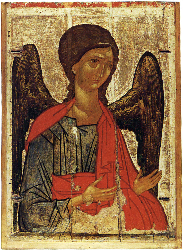 A coloured image of an angel with long chestnut hair and dark wings. They wear a blue robe with a red cloak-like addition.