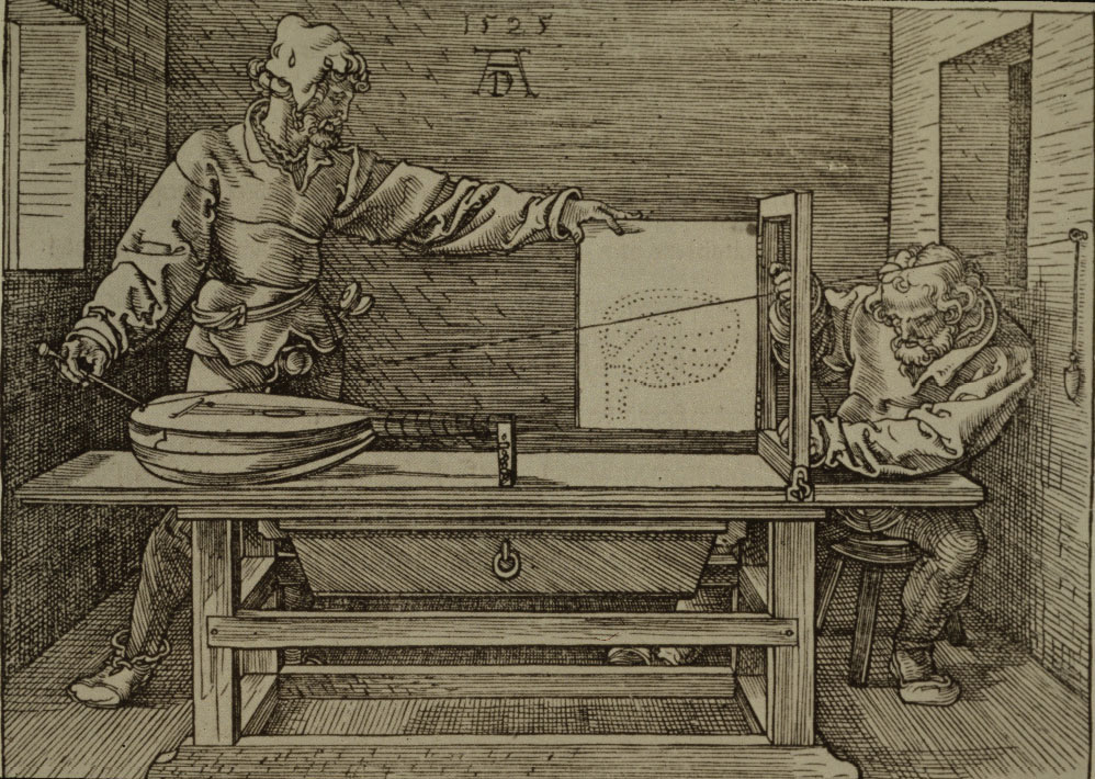 A black-and-white woodcut showing two men drawing a lute.