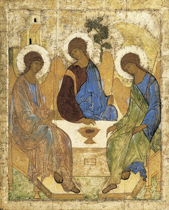 A coloured image of three angels with wings and halos sitting around a table. A goblet-shaped bowl sits in the centre.