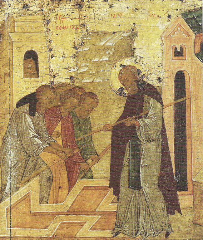 An image of numerous figures bowing before a tall-standing man with a halo, who wears a white robe and purple cloak. Most of the people, including the man with the halo, hold some kind of long stick.