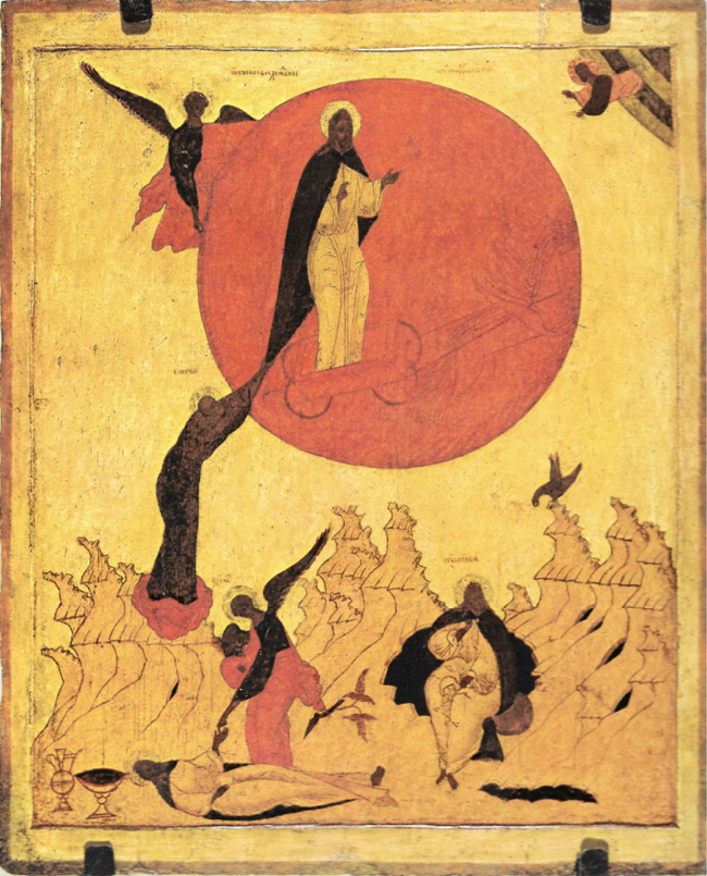 An image depicting the ascension of the prophet Elijah. A man dressed in white and wearing a dark cloak appears in the sky in front of the sun. A few angels grace the scene and two men appear to be watching from the ground, a shadowy figure tugs on the ascending man's cloak.
