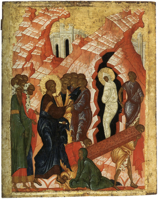 An image depicting the raising of Lazarus. Groups of people are clustered near a gash in a rock, within which a body wrapped in white linen and donning a halo rests. Women bow nearby and two figures carry a large slab of rock in the foreground.