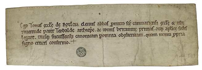 The profession of Abbot Thomas, documented in the Canterbury Cathedral Archives (DDc/ChAnt/A41, no. 2), represents the ritualistic act of submission to ecclesiastical authority, as abbots began producing written professions in Southern England, signifying their obedience to the Archbishop of Canterbury. The ritual involved both spoken words and the symbolic transfer of the written charter, marking a shift from oral to combined oral and material witness.