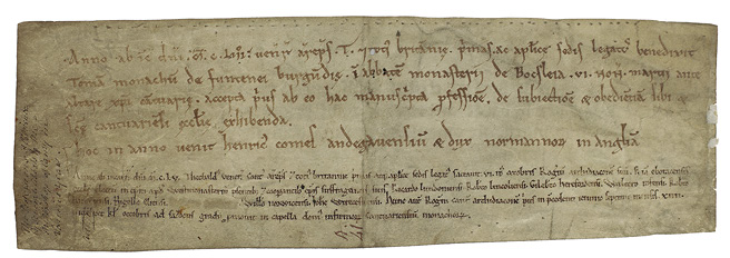 On the reverse of Abbot Thomas’s profession (Canterbury Cathedral Archives, DDc/ChAnt/A41), details of the ceremonial context at the high altar of the Cathedral during Archbishop Theobald’s tenure illuminate the sacred interactions, where written professions were blessed, symbolizing the divine sanction of the vows made.