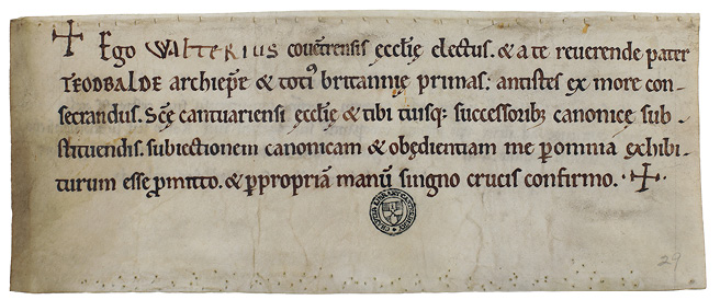Walter’s profession under Archbishop Theobald (ChAnt-C-115_029.jpg) shows the increasing personalization of professions by the 12th century, as ecclesiastical aspirants began to add their own signatures and crosses, indicating a blend of legal and liturgical influences in the affirmation of their vows.