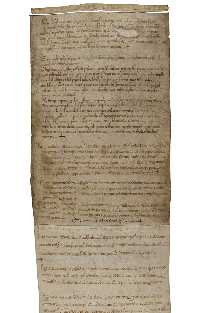 Briefs of profession of obedience recopied in the Middle Ages (Canterbury Cathedral Archives, ChAnt-C-117/1). They were periodically transcribed to preserve the continuous thread of ecclesiastical allegiance and the history of its institutional leadership.