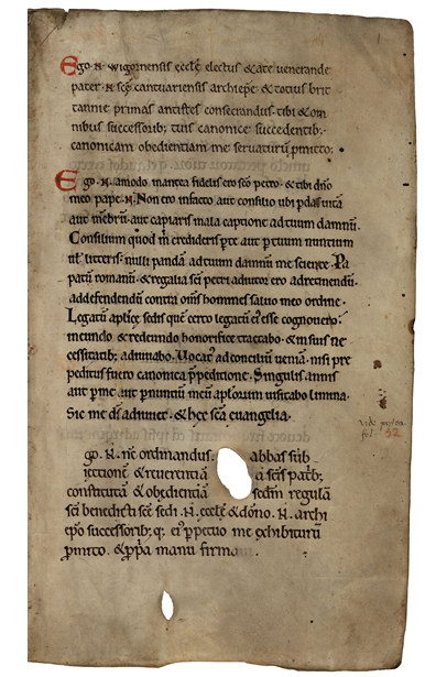 Early 12th-century profession formulae (Cambridge, Corpus Christi College, MS 146, p. 1), added to an older manuscript, shows the blending of individual professions with standardized liturgical practices, and shows the evolving nature of ecclesiastical vows within the administrative structures of the Church.