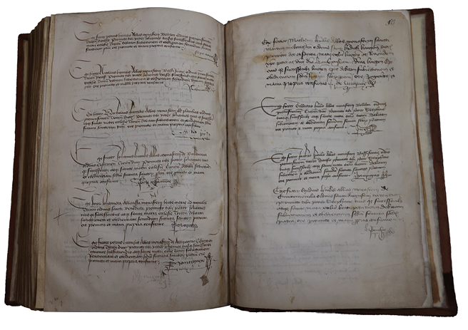 The 15th-century added professions to the Pontifical of St Loup (Troyes, Cathedral treasury, Ms. 4, fols 178v-179r) indicate a continued tradition of individualized professions, even as the format shifted from rolls to codices, demonstrating the adaptation of these practices over time to fit changing administrative needs.