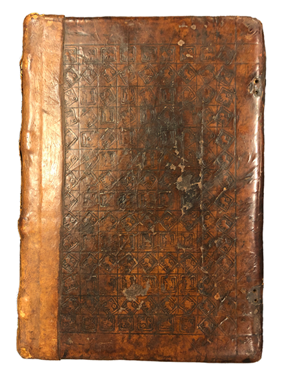 Fifteenth-century front cover of the Maastricht Chapter of St Servatius Statutes, featuring original red leather binding and blind-tooling. The Hague, Koninklijke Bibliotheek, Ms. 132 G 35.