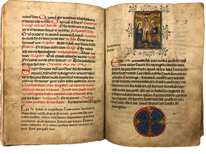 The Statutes and Regulations of the Chapter of St Servatius feature a parchment Crucifixion, made in Utrecht circa 1430, pasted above the text to refer to the canon page with its ceremonial gravitas. Location: The Hague, Koninklijke Bibliotheek, Ms. 132 G 35, fols 2v-3r.