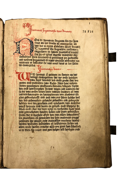 The opening folio of the oath book for the Chapter of St. Servaas, Maastricht. The Hague, KB, Ms. 75 F 16, fol. 1r.