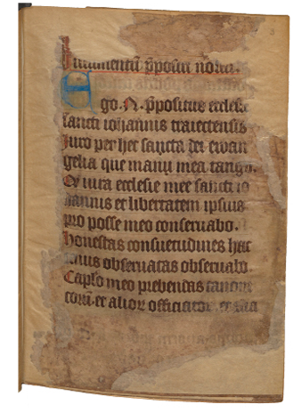 Oath in Latin, for the provost of the Chapter of St John, copied into an earlier manuscript. The oath details the duties and swearing process, including the physical touch of the manuscript, Utrecht, UB, Ms. 1590, fol. 3r