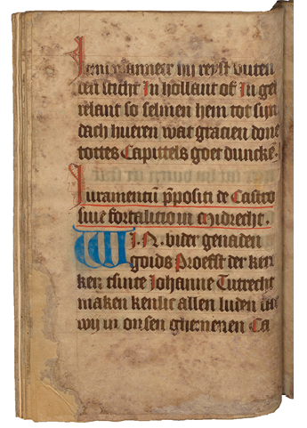 Oath in Middle Dutch for the governor of the castle, pledging loyalty to St John’s Chapter, reflecting a blend of civic and ecclesiastical traditions in maintaining church properties. It is copied into an earlier manuscript. Utrecht, UB, Ms. 1590, fol. 21v