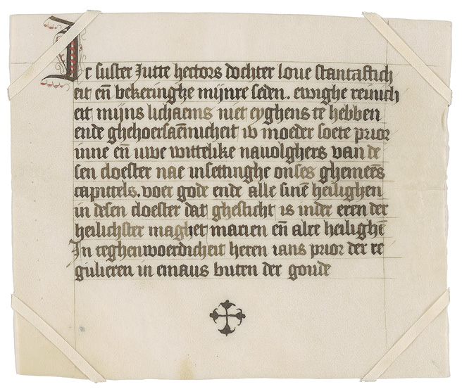 Profession of obedience by Jutte Hectors dochter, a young convent sister, marking her commitment to the convent of Mariënpoel and her achievement as a scribe and decorator. Leiden Archive (RAL Kloosters 885), blad 9b.