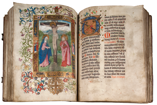 Opening of a missal at the Canon, from the Nijmegen Bakers’ Guild missal of 1482-83, with its prominent osculatory target in the form of a decorated cross at the bottom of the page. Nijmegen, Museum Het Valkhof, Ms. CIA 2, fols 125v-126r.