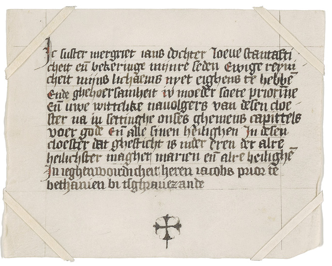 Profession of obedience by Mergriet Jansdochter, with a decorated cross at the bottom of the sheet that strongly resembles an osculatory target. Leiden Archive (RAL Kloosters 885), blad 10a.