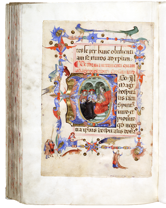 Liber Regulae of the Order of the Holy Spirit: a historiated initial shows the brothers taking an oath on a book. Rome, Ms 3193, fol. 202v.