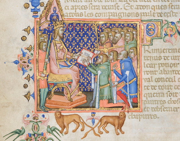 The image of a new brother taking an oath at an altar is set into the page at the incipit of the text that describes the ceremony, in the Valenciennes’ Confraternity Book of St Nicholas, ca. 1490. Bibliothèque municipale, Ms. 536, fol. 4r.