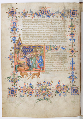 The image of a new brother taking an oath at an altar is set into the page at the incipit of the text that describes the ceremony, in the Valenciennes’ Confraternity Book of St Nicholas, ca. 1490. Bibliothèque municipale, Ms. 536, fol. 4r.