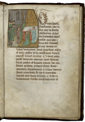 The image of a new brother taking an oath at an altar is set into the page at the incipit of the text that describes the ceremony, in the Valenciennes’ Confraternity Book of St Nicholas, ca. 1490. Bibliothèque municipale, Ms. 536, fol. 4r.