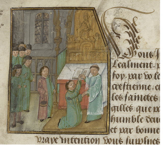 Detail from Valenciennes, Ms. 536, fol. 4r, showing a new brother’s oath, taking place at an altar where both the brother and the priest are touching the open book.