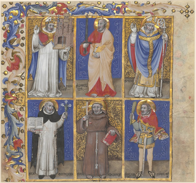 Liber Regulae of the Order of the Holy Spirit: a historiated initial shows the brothers taking an oath on a book. Rome, Ms 3193, fol. 202v.