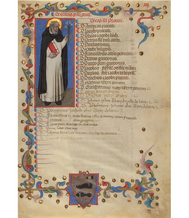 Liber Regulae of the Order of the Holy Spirit: a historiated initial shows the brothers taking an oath on a book. Rome, Ms 3193, fol. 202v.