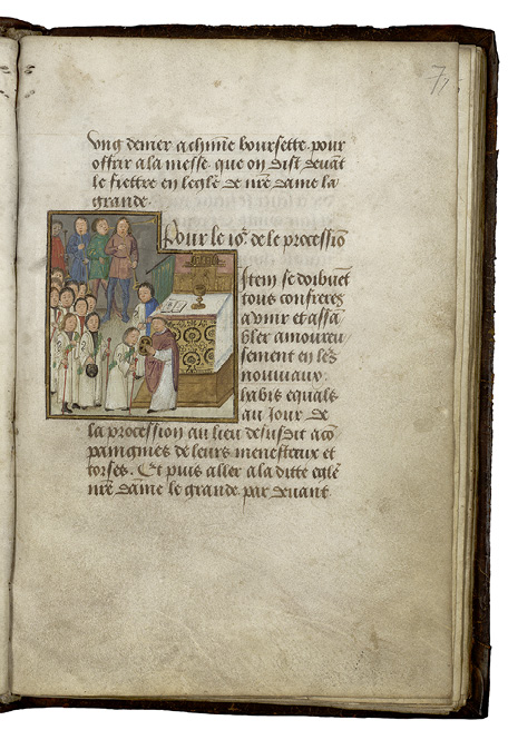 The Confraternity Book of St Nicholas in Valenciennes has an image showing the brothers, all wearing white, attending Mass. Valenciennes, Ms. 536, fol. 7r.
