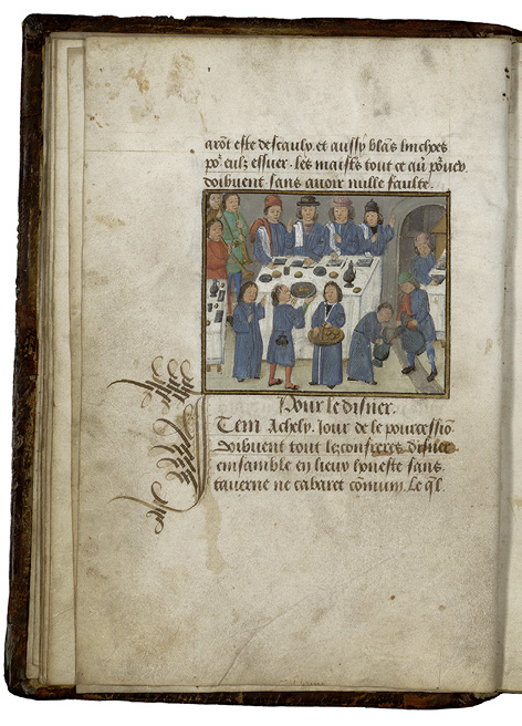 The Confraternity Book of St Nicholas in Valenciennes has an image showing the annual banquet of St Nicholas’ Confraternity, in which the brothers all wear blue. The image reveals the extent to which a confraternity was also a social club. Valenciennes, Bibliothèque municipale, Ms. 536, fol. 9v.
