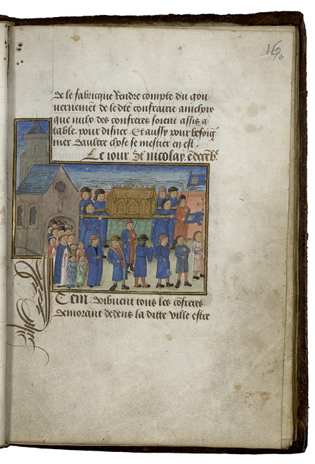 At the procession of Saint Nicolas’ relics, members of the confraternity carry the reliquary through town, putting the relics and themselves on colorful display. Bibliothèque municipale, Ms. 536, fol. 16r.
