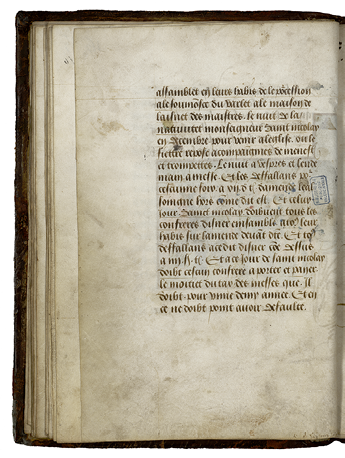 The Confraternity Book of St Nicholas in Valenciennes has an opening, in which the brotherhood gathers, wearing blue, outside the church. Their parade is led by horn-blowers. Bibliothèque municipale, Ms. 536, fols 16v-17r.