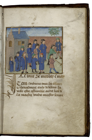 The Confraternity Book of St Nicholas in Valenciennes has an opening, in which the brotherhood gathers, wearing blue, outside the church. Their parade is led by horn-blowers. Bibliothèque municipale, Ms. 536, fols 16v-17r.