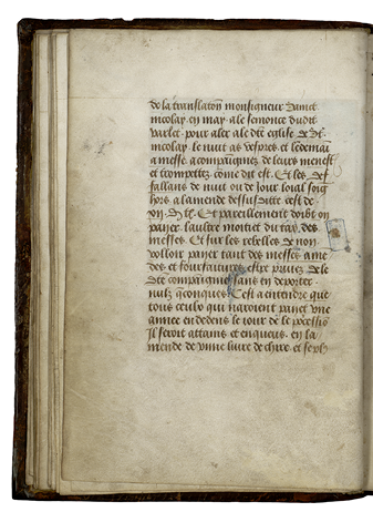 At the opening in the Confraternity Book of St Nicholas in Valenciennes, an image depicting the procession of the relics of St Nicolas shows the brothers, wearing blue, carrying the reliquary on a bier. The image communicates a blend of piety and public spectacle. The image has been severely damaged, possibly through rubbing. Valenciennes, Bibliothèque municipale, Ms. 536, fols 17v-18r.