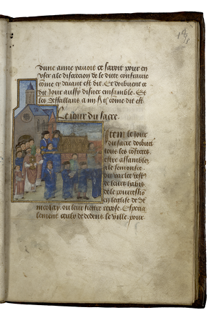 At the opening in the Confraternity Book of St Nicholas in Valenciennes, an image depicting the procession of the relics of St Nicolas shows the brothers, wearing blue, carrying the reliquary on a bier. The image communicates a blend of piety and public spectacle. The image has been severely damaged, possibly through rubbing. Valenciennes, Bibliothèque municipale, Ms. 536, fols 17v-18r.