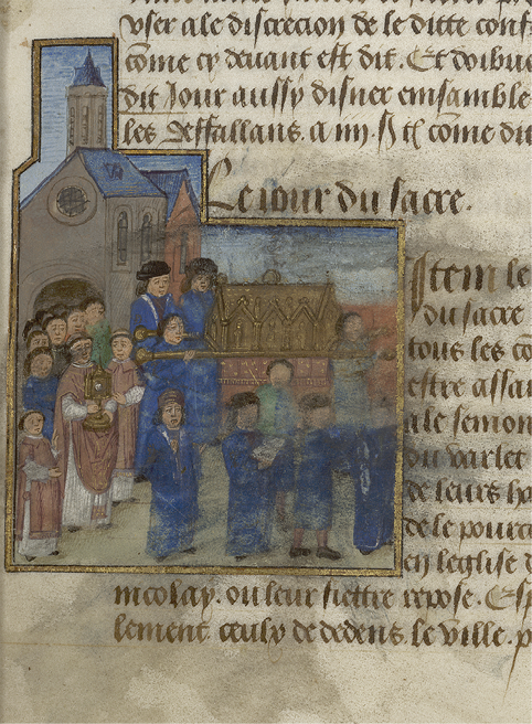 Close-up of St Nicolas’ relics procession, from the previous figure, showing the extent of the damage to the image. Valenciennes, Ms. 536, fol. 18r.