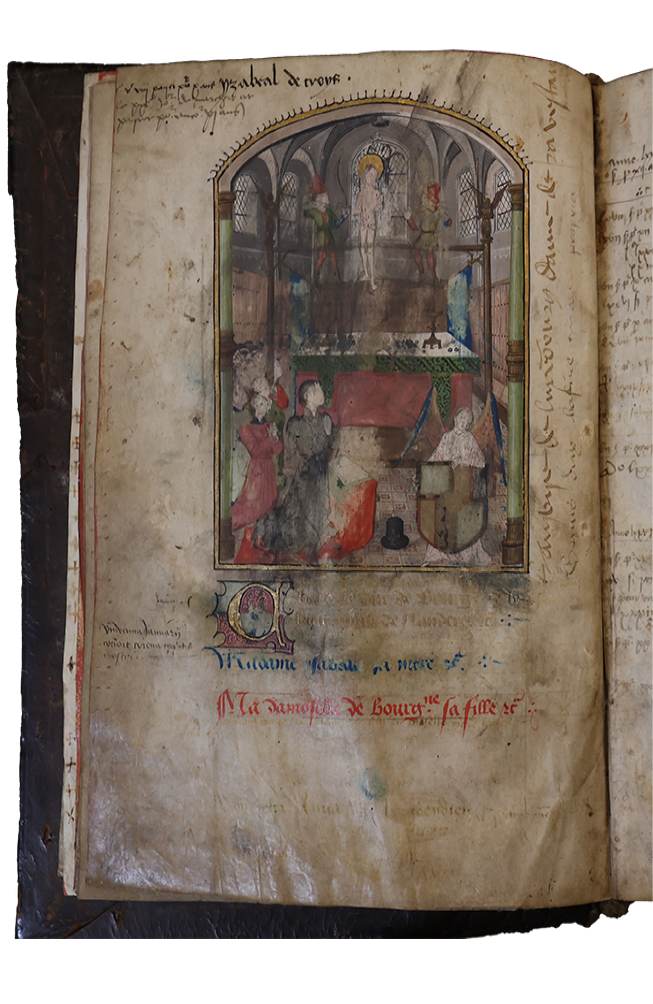 This opening in the Linkebeek Guldenboek has a large image showing Charles the Bold kneeling before an altar dedicated to St. Sebastian, while the text has the names of the duke, duchess, and their daughter in a display script below. Opposite is a list of names of the first members of the of the brotherhood. The book was begun in Brussels in 1467. Linkebeek Parish Church, fols 2v-3r.