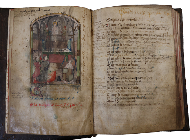 This opening in the Linkebeek Guldenboek has a large image showing Charles the Bold kneeling before an altar dedicated to St. Sebastian, while the text has the names of the duke, duchess, and their daughter in a display script below. Opposite is a list of names of the first members of the of the brotherhood. The book was begun in Brussels in 1467. Linkebeek Parish Church, fols 2v-3r.