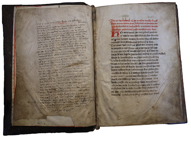 An opening in the Linkebeek Guldenboek, started in 1467, has a text added in 1477 describing a miracle cure performed by St. Sebastian. Linkebeek Parish Church, fols Av–Br.