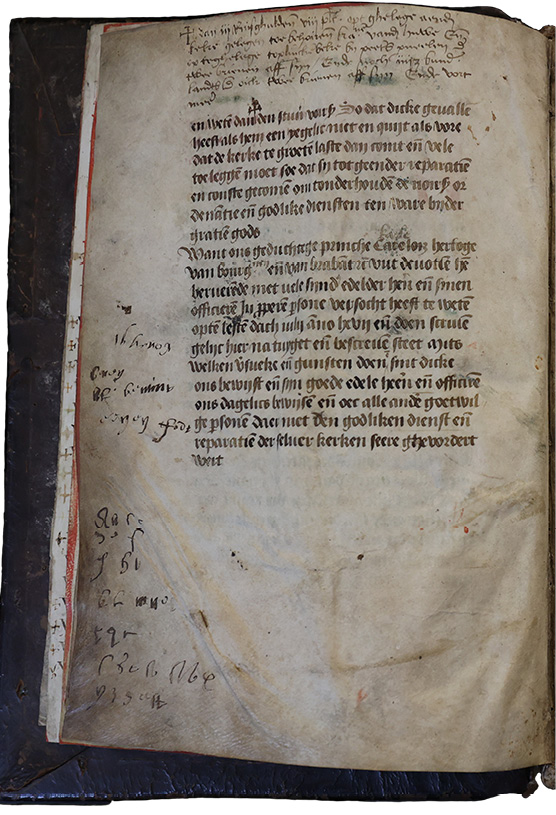 This opening in the Linkebeek Guldenboek has a large image showing Godfrey the Bearded witnessing St. Sebastian’s martyrdom in a landscape. Linkebeek Parish Church, fol. Bv-1r.