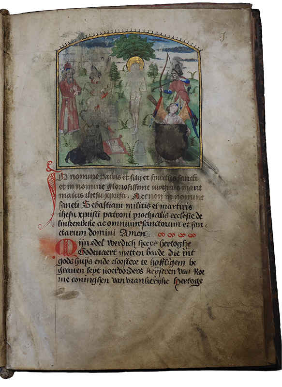 This opening in the Linkebeek Guldenboek has a large image showing Godfrey the Bearded witnessing St. Sebastian’s martyrdom in a landscape. Linkebeek Parish Church, fol. Bv-1r.