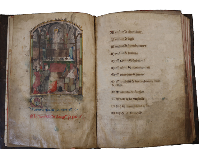 A digital mask highlights the original 1467 inscriptions of the Linkebeek Guldenboek, reflecting the manuscript’s historical genesis. Linkebeek Parish Church, fols 2v-3r.