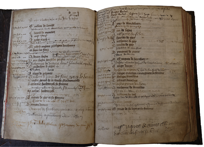 This opening of the Linkebeek Guldenboek lists members’ names, chronicling a community’s enduring veneration for St. Sebastian. They have been inscribed by different hands, in waves. Linkebeek Parish Church, fols 4v-5r.