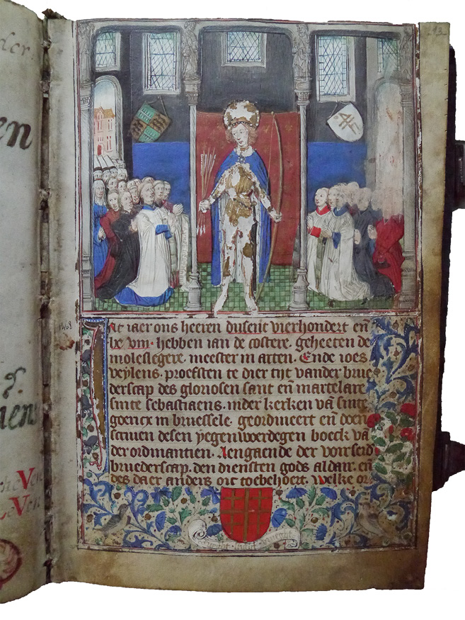 Folio from the Confraternity book of St Sebastian of the Church of St Gorik in Brussels, showing an image with a corporate portrait of the members. The image has been quite worn and abraded.