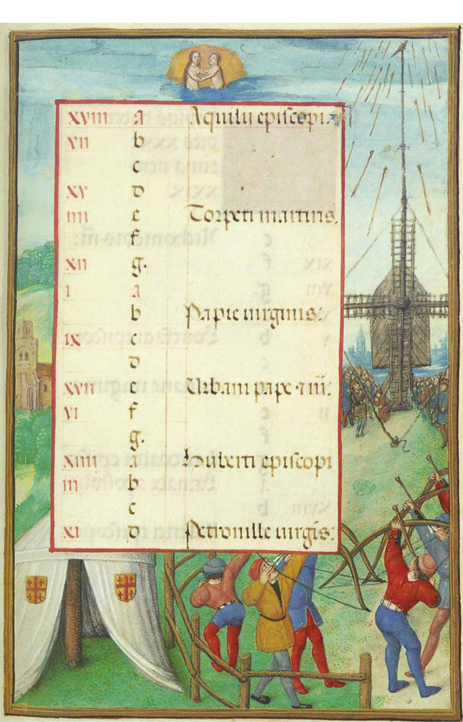 Calendar page in the Croy Hours, with a shooting contest in the margin: club members are shooting arrows at a bird tied to the top of a windmill. The manuscript was made ca. 1500-1520, in the Southern Netherlands. Vienna, Österreichische Nationalbibliothek, Cod. 1858.