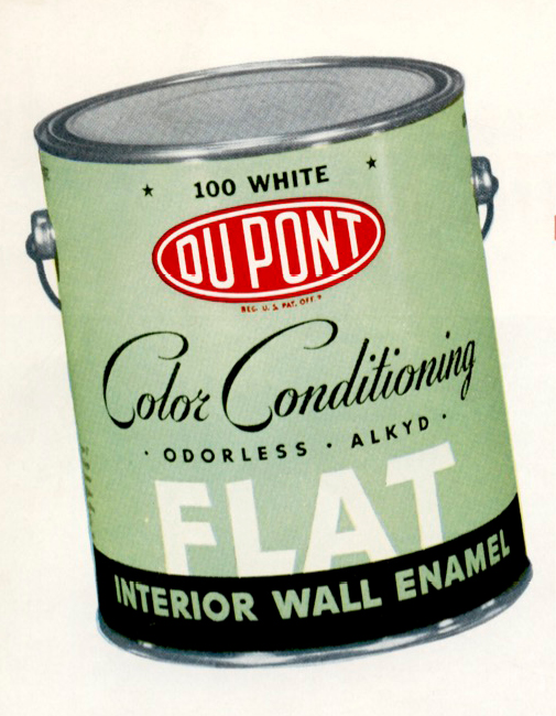 A 1956 advertisement for DuPont Color Conditioning Flat Enamel paint. The ad promotes various paint finishes, including flat, semi-gloss, and specialty enamels, emphasizing qualities like durability, odorlessness, and quick drying. The text includes detailed product descriptions and a large image of a green paint can.”,
