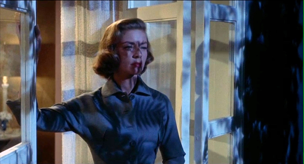 Another scene from “”Written on the Wind”” where a woman stands near an open window at night. The moonlight casts shadows on her face as she looks contemplative and troubled.”,