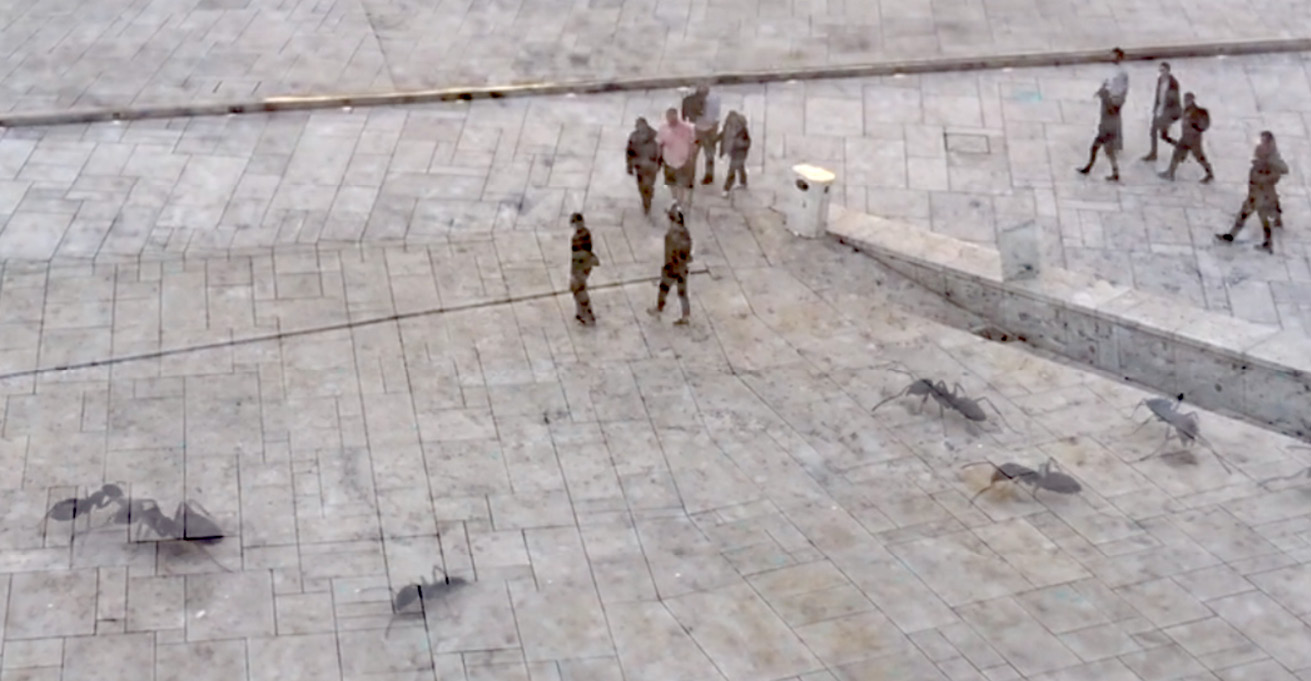 The photograph has two images superimposed on top of each other. Viewed from above, people are walking on a gray tiled yard. The architecture of the yard creates diagonal lines in the picture. At the top of the picture, six people are walking in the middle and six more in the upper right corner. In the lower part of the picture, six human-sized ants are partly visible.